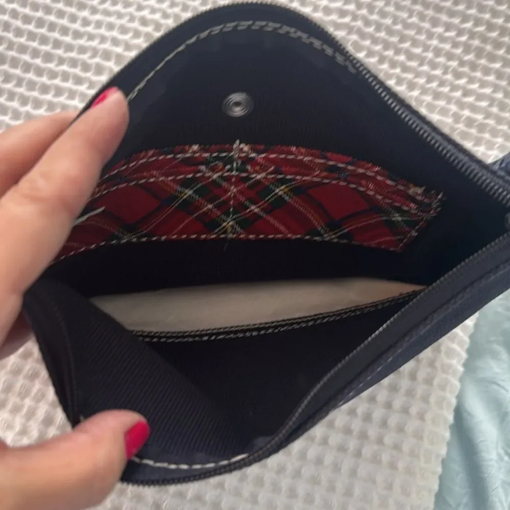 LN! *Lands End* Plaid Trim Classic Navy Red Plaid Clutch Travel Case